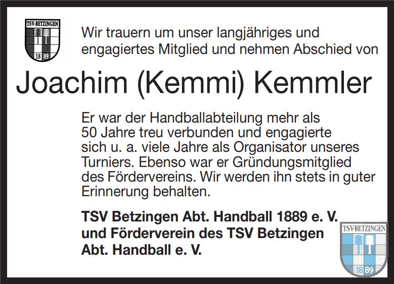 Abschied von Handballkamerad Joachim (Kemmi) Kemmler