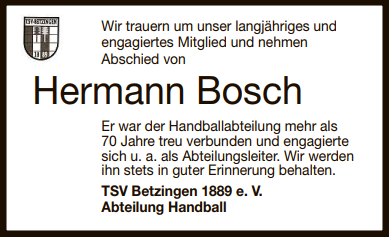 Abschied von Handballkamerad Hermann Bosch